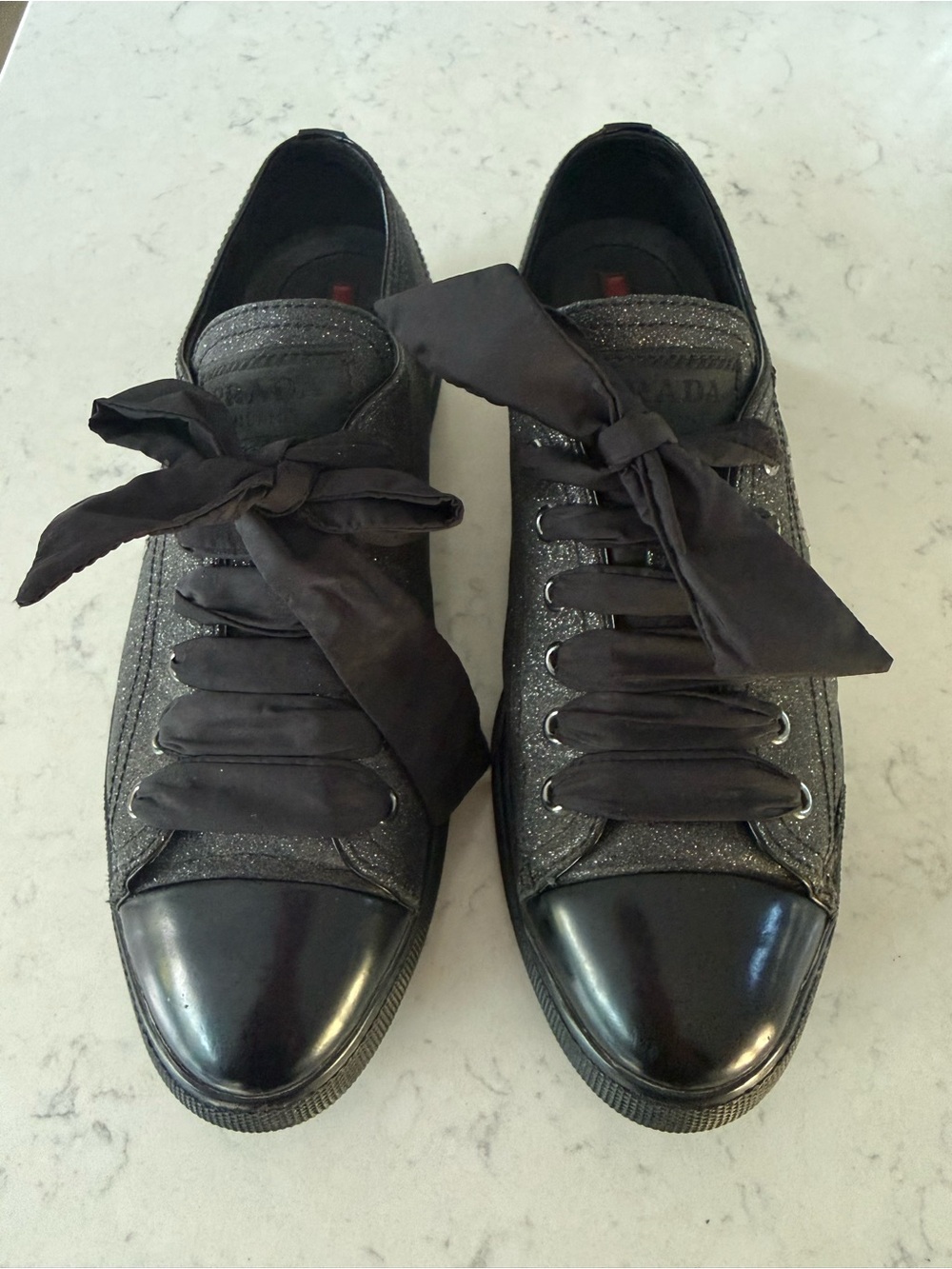 Prada Black Glitter and Patent Cap-Toe Women's Sneakers